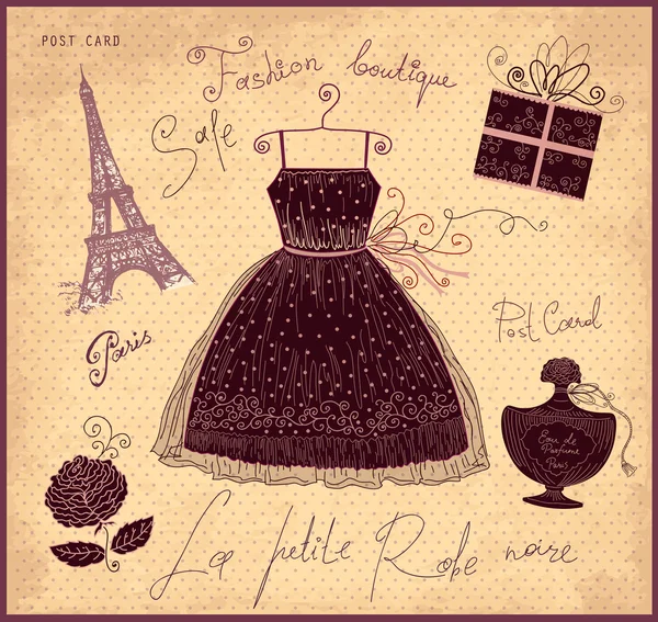 Illustrazione vintage disegnata a mano vettoriale con simboli della moda francese — Vettoriale Stock