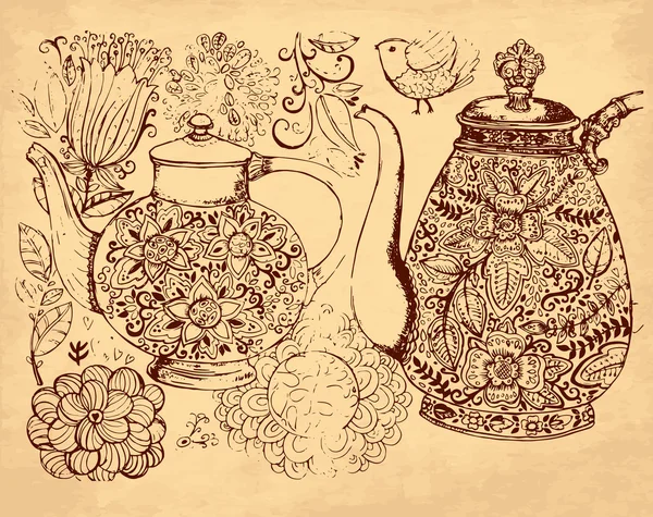 Illustration vintage vectorielle dessinée à la main avec cafetière et théière — Image vectorielle