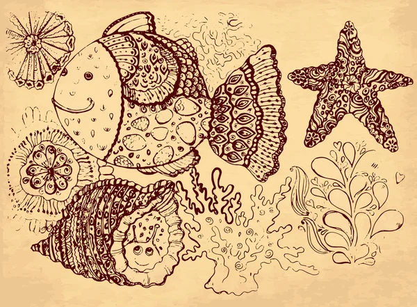 Vector ilustración dibujada a mano con peces — Archivo Imágenes Vectoriales