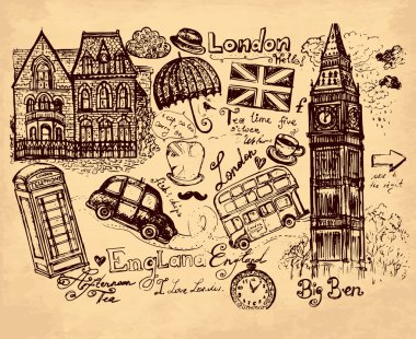 Vektör el çizimi Londra sembolleri ile