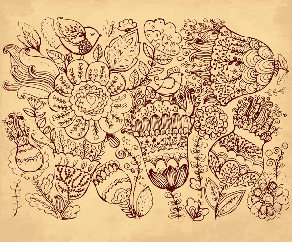 Ilustración vintage dibujada a mano vectorial con aves y flores — Vector de stock