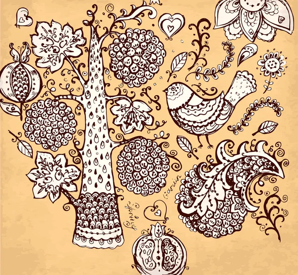 Illustrazione vintage disegnata a mano vettoriale con uccelli e fiori — Vettoriale Stock