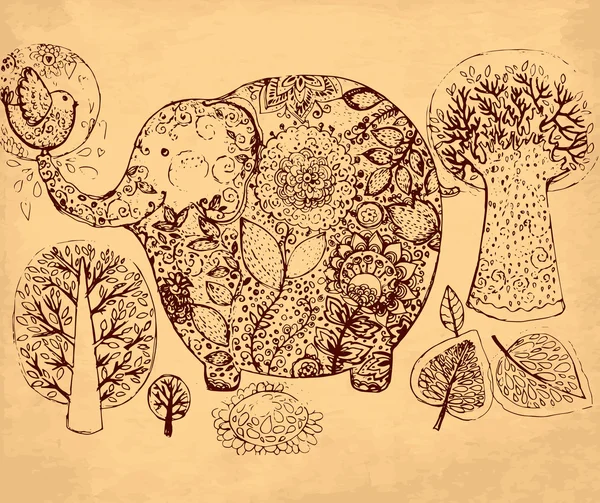 Ilustração desenhada à mão vetorial com elefante —  Vetores de Stock