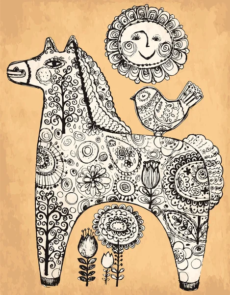 Illustrazione vintage disegnata a mano vettoriale con cavallo decorativo — Vettoriale Stock