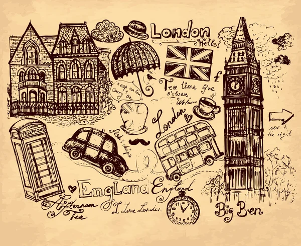 Ilustración dibujada a mano vectorial con símbolos de Londres — Archivo Imágenes Vectoriales