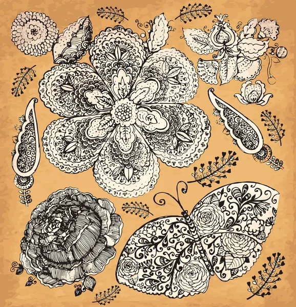 Illustration vintage vectorielle dessinée à la main avec fleurs et papillon — Image vectorielle