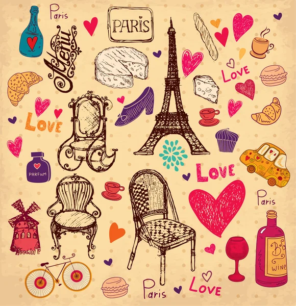 Vektor hand dras illustration med paris symboler — Stock vektor