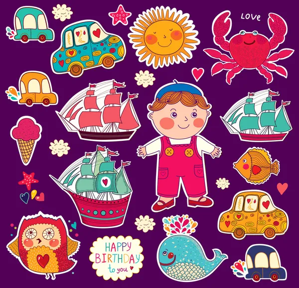 Vector set of cartoon stickers: boy and toys — Stock Vector