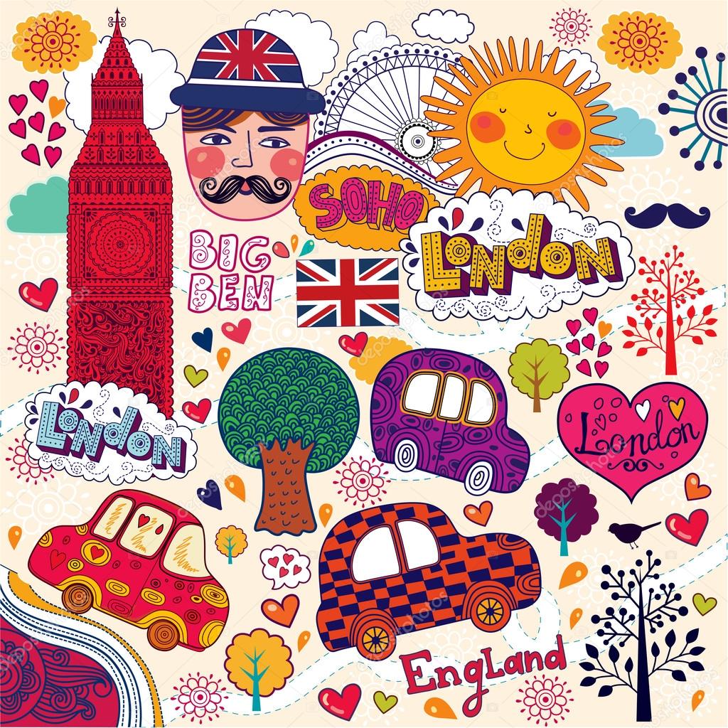 Vector set of London symbols and hand lettering of main place in town