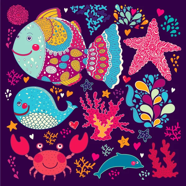 Vector wallpaper with fish and marine life — Stock Vector