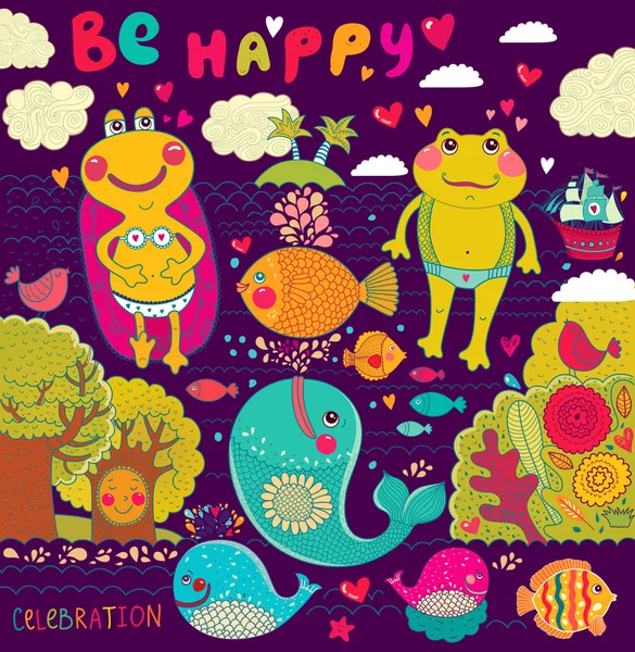 Vector cartoon illustration with happy frogs — Stock Vector