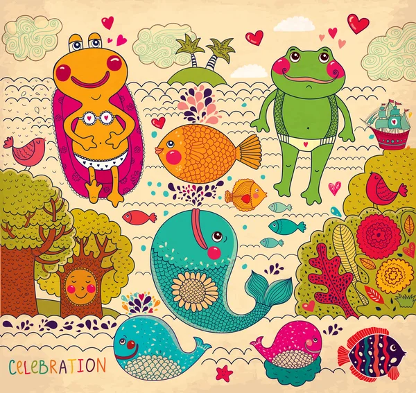 Vector ilustración de dibujos animados con ranas felices — Archivo Imágenes Vectoriales