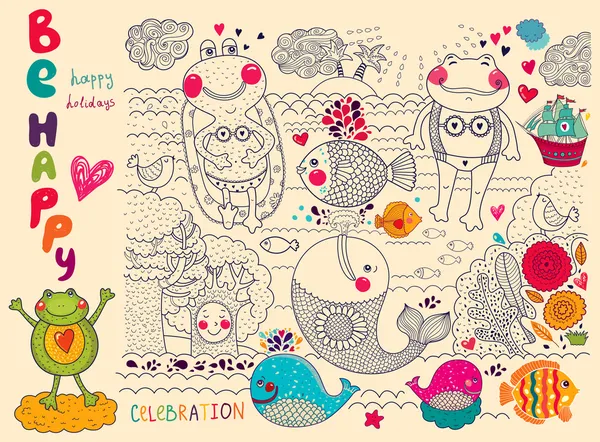 Cartoon vectorillustratie met gelukkig kikkers — Stockvector