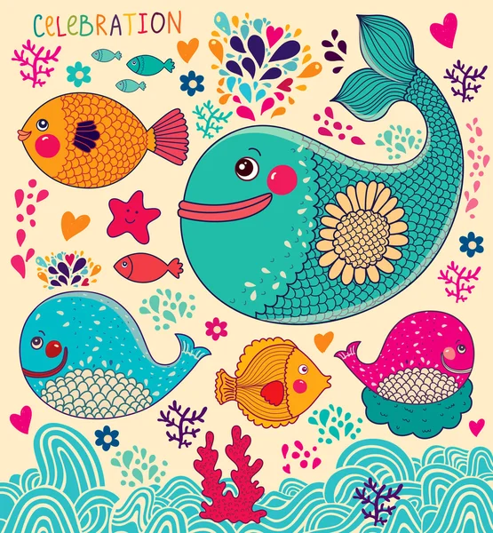 Ilustración de dibujos animados vectoriales con peces — Archivo Imágenes Vectoriales