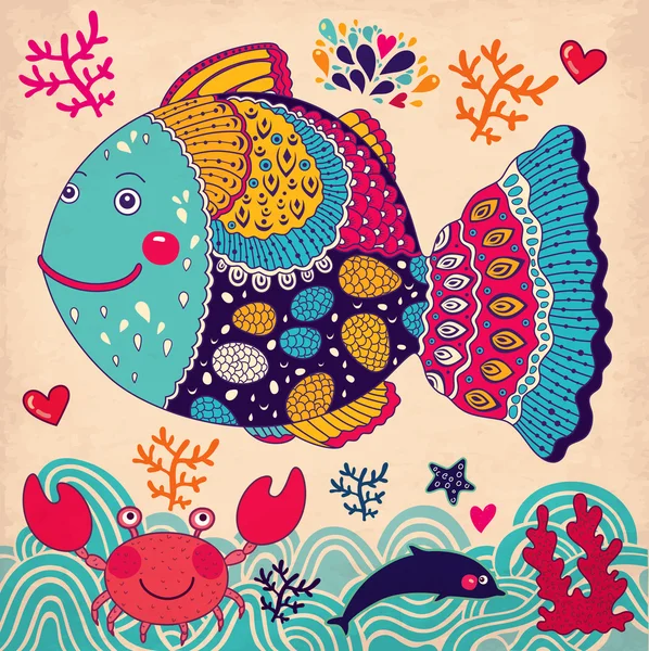 Ilustración del vector de dibujos animados con peces — Archivo Imágenes Vectoriales