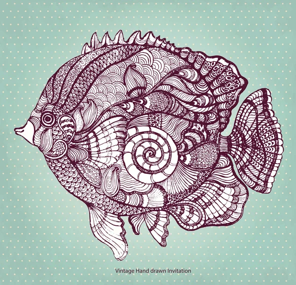 手与花卉装饰的元素的绘制的鱼 — 图库矢量图片