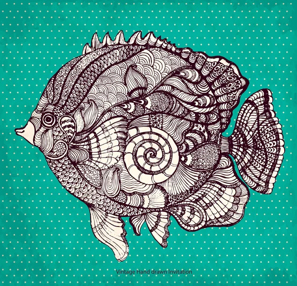 手与花卉装饰的元素的绘制的鱼 — 图库矢量图片