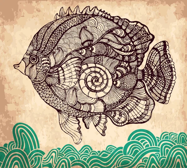 El pez dibujado a mano con los elementos del ornamento de flores — Vector de stock