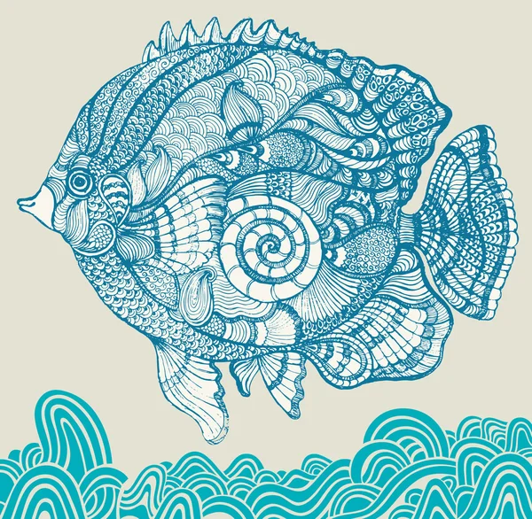 花飾りの要素を持つ描かれた魚を手します。 — ストックベクタ