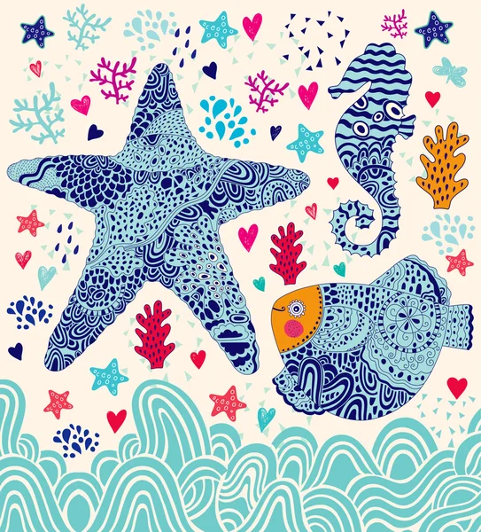 Vis, sea star en seahorse — Stockvector