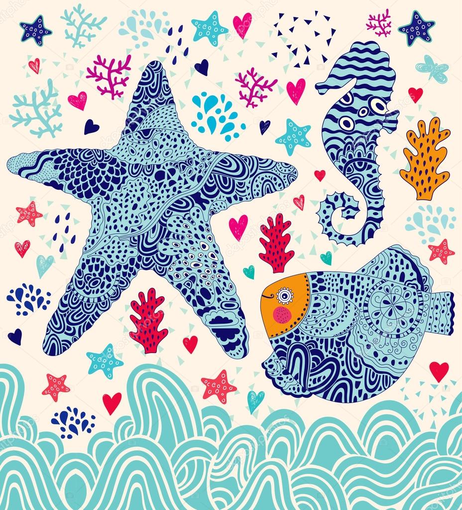 Fish, sea star and seahorse