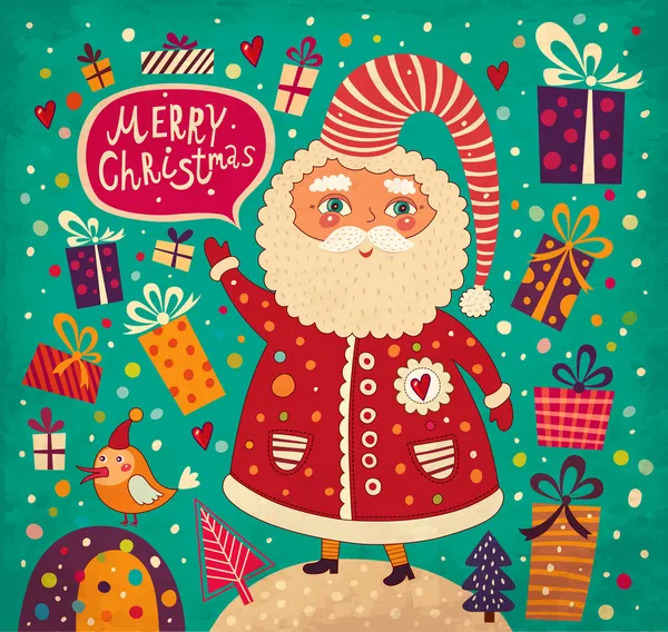 メリー クリスマスと幸せな新年カード サンタと — ストックベクタ