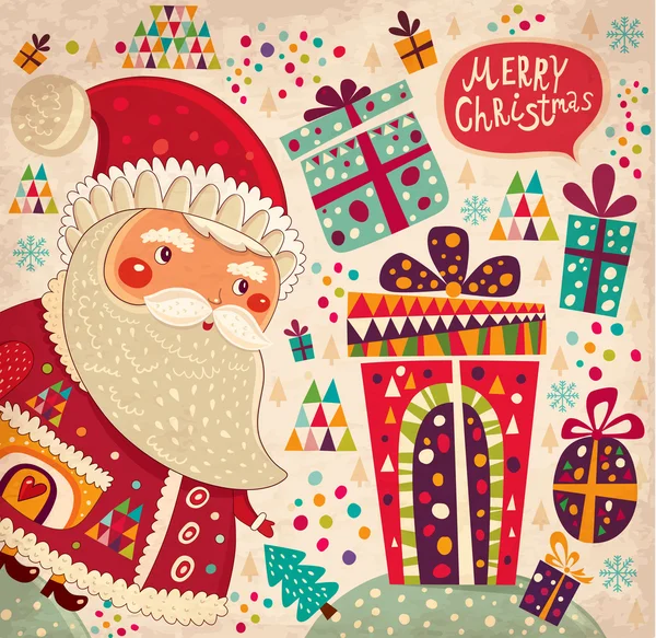 Prettige kerstdagen en gelukkig nieuwjaarskaart met santa — Stockvector