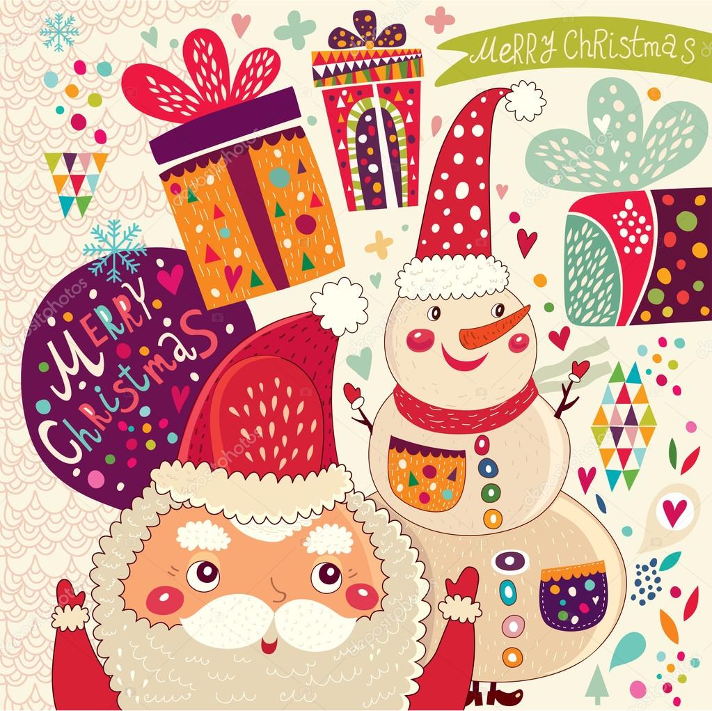 Merry Christmas and Happy New Year card with Santa