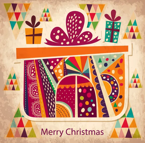 Tarjeta de Navidad Vintage con caja de regalo — Vector de stock