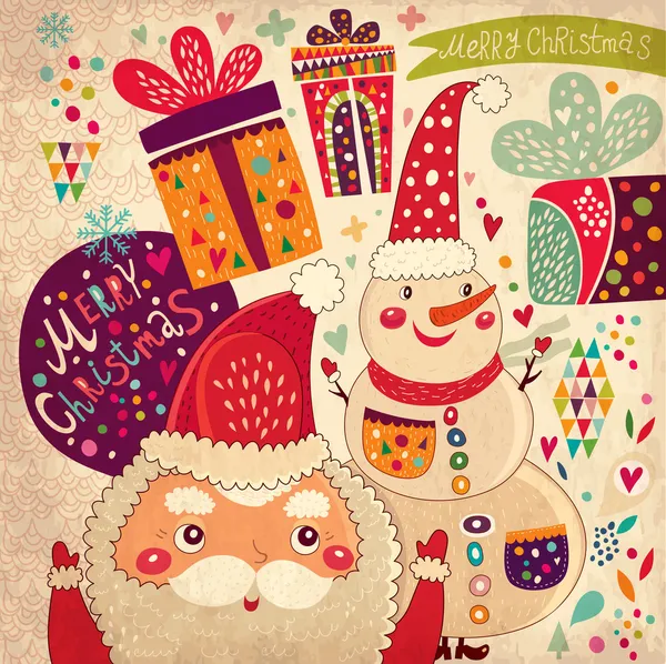 メリー クリスマスと新年あけましておめでとうございますサンタとビンテージ カード — ストックベクタ