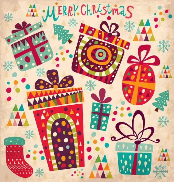 ギフト ボックスとビンテージのクリスマス カード — ストックベクタ