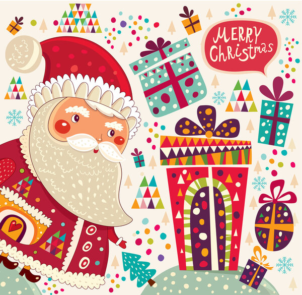 Merry Christmas and Happy New Year card with Santa