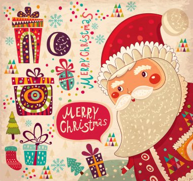 Vintage neşeli Noel ve mutlu yeni yıl kartı santa ile