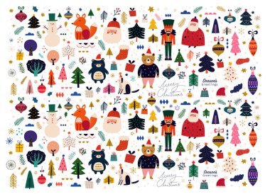 Noel tatil unsurları koleksiyonu, renkli vektör illüstrasyonu