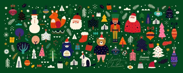 Noel Tatil Unsurları Koleksiyonu Renkli Vektör Illüstrasyonu — Stok Vektör