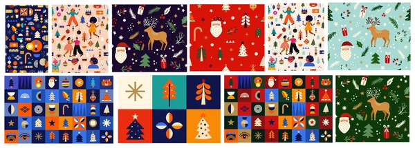 Kerstmis Naadloze Patronen Set Kleurrijke Vector Illustratie — Stockvector