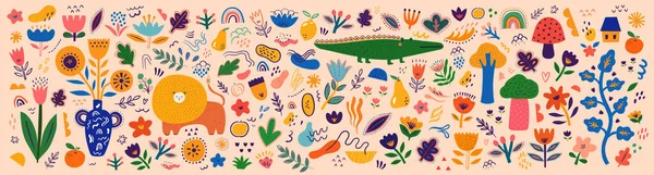Весенняя Коллекция Цветов Абстрактные Рисунки Рисунок Маленьких Животных Ткань Узора — стоковый вектор