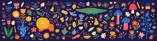 Весенняя Коллекция Цветов Абстрактные Рисунки Рисунок Маленьких Животных Ткань Узора Стоковый вектор