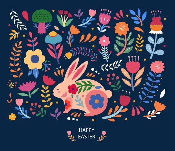 Illustration Florale Colorée Avec Lapin Bonne Carte Vœux Pâques Avec — Image vectorielle