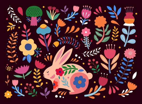 Illustration Florale Colorée Avec Lapin Bonne Carte Vœux Pâques Avec — Image vectorielle