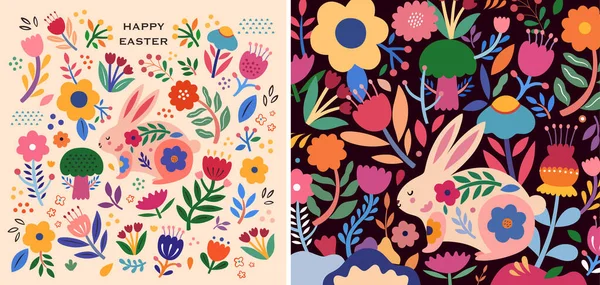 Tavşanlı renkli çiçek çizimi. Süslü Paskalya tavşanlı mutlu Paskalya tebrik kartları.