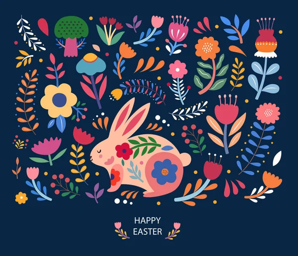 Colorida Ilustración Floral Con Conejo Tarjeta Felicitación Feliz Pascua Con Vectores De Stock Sin Royalties Gratis