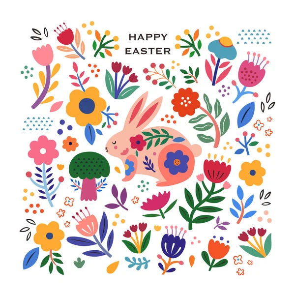 Illustration Florale Colorée Avec Lapin Bonne Carte Vœux Pâques Avec — Image vectorielle