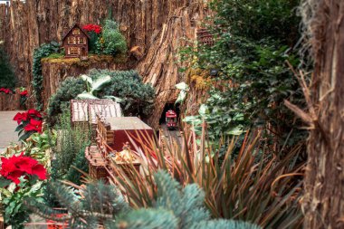 Kırmızı model tren bir Noel gösterisinde tünelden çıkıyor.