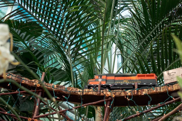 Frederik Meijer Bahçeleri 'ndeki bir köprüde model tren.