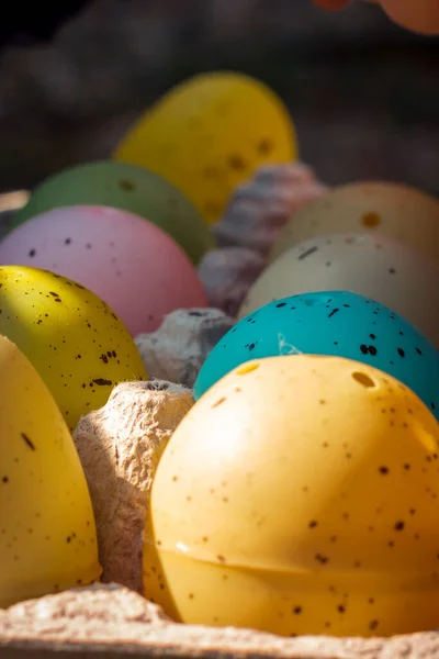 Plastik Paskalya Yumurtalarını Bir Karton Içinde Yakın Plan Çek Telifsiz Stok Imajlar