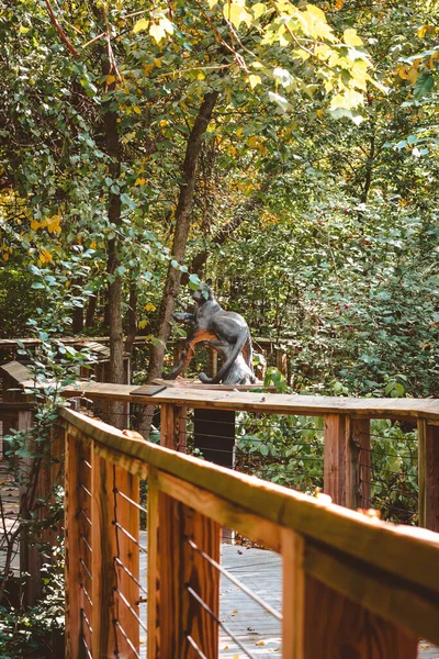 Jalan Kayu Melalui Taman Dengan Patung Puma Sekitarnya — Stok Foto