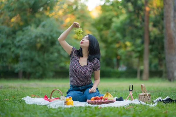 Autumn picnic at city park - lifestyle portrait of young happy and beautiful Asian Chinese woman sitting grass with blanket and fruit basket enjoying relaxed a weekend picnic