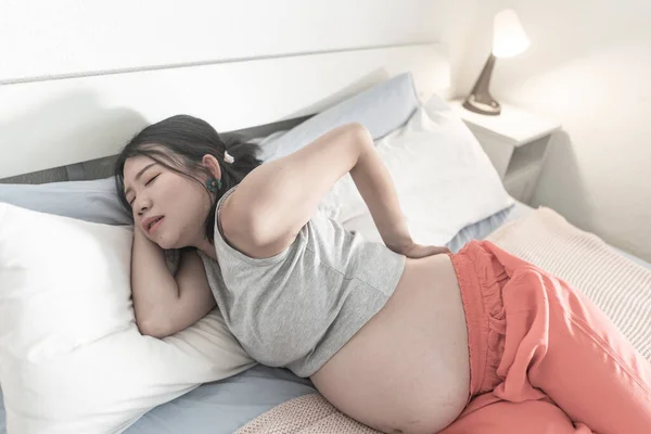 Home Portrait Young Tired Depressed Asian Japanese Woman Pregnant Bed — Fotografia de Stock