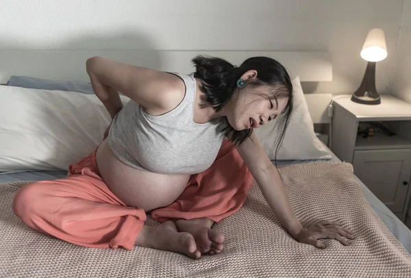 Home Portrait Young Tired Depressed Asian Japanese Woman Pregnant Bed — Photo